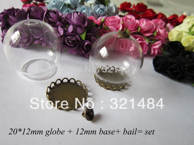 50set glass bottle vials pendants jewelry making 20*12mm globe&12mm antique bronze lace bezel blank setting base&caps finding