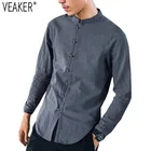 Рубашка Мужская льняная с воротником-стойкой, однотонная приталенная рубашка в китайском стиле, с длинными рукавами, топы M-5XL, весна 2021