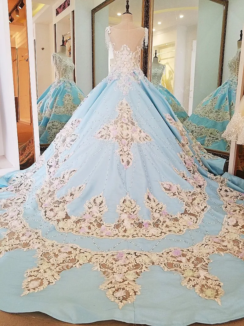 Gorgeous Appliques Chapel Train Arabic Blue Satin Wedding Dress Vestido Beaded Crystal Scoop Neck 2017 Bridal Gown Real Photos | Свадьбы и