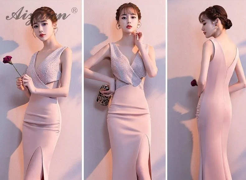 Pink Elegant Mermaid Evening Dresses Women Chinese Dress Qipao Oriental Style Party Gown Sexy Cheongsam Modern Split Costume