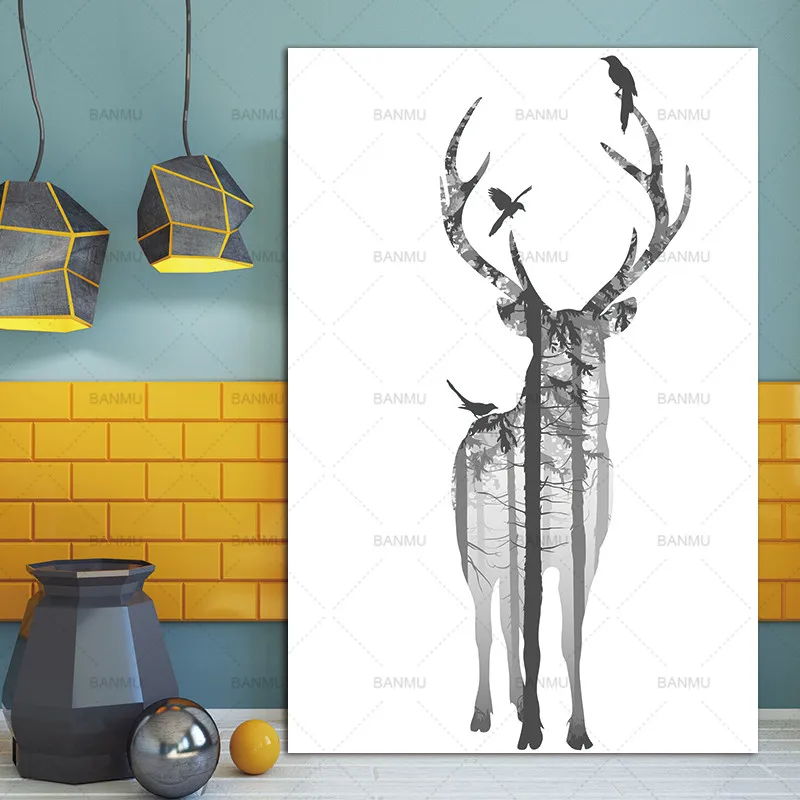 Скандинавский холст натуральный олень сосновый лес скандинавские абстрактные