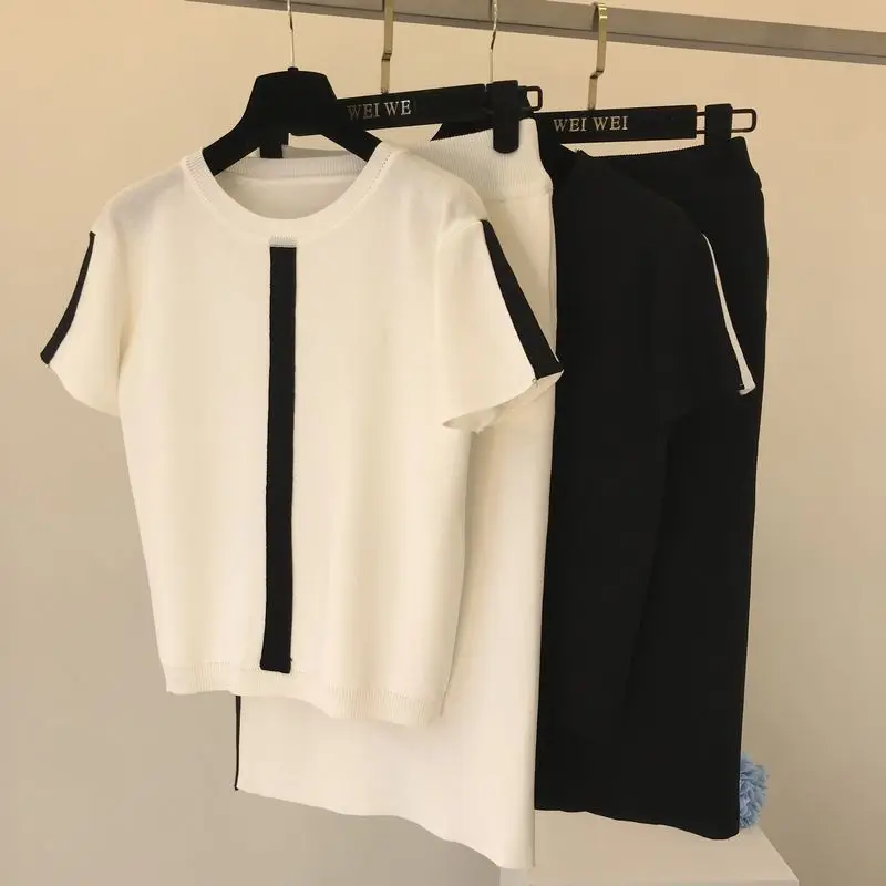 Летний комплект из двух предметов для женщин элегантный полосатый вязаный Топ +