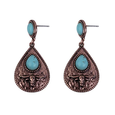 Vintage Copper Banny розовые этнические серьги с подвеской в виде быка для женщин, Винтажные серьги-капельки с геометрическим камнем, серьги-капельки с двойной каплевидной подвеской - Окраска металла: Vintage Copper