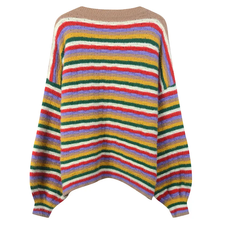 GRUIICEEN 2018 осень фонарь рукав вязаный свитер женщина полосатый Круглый воротник