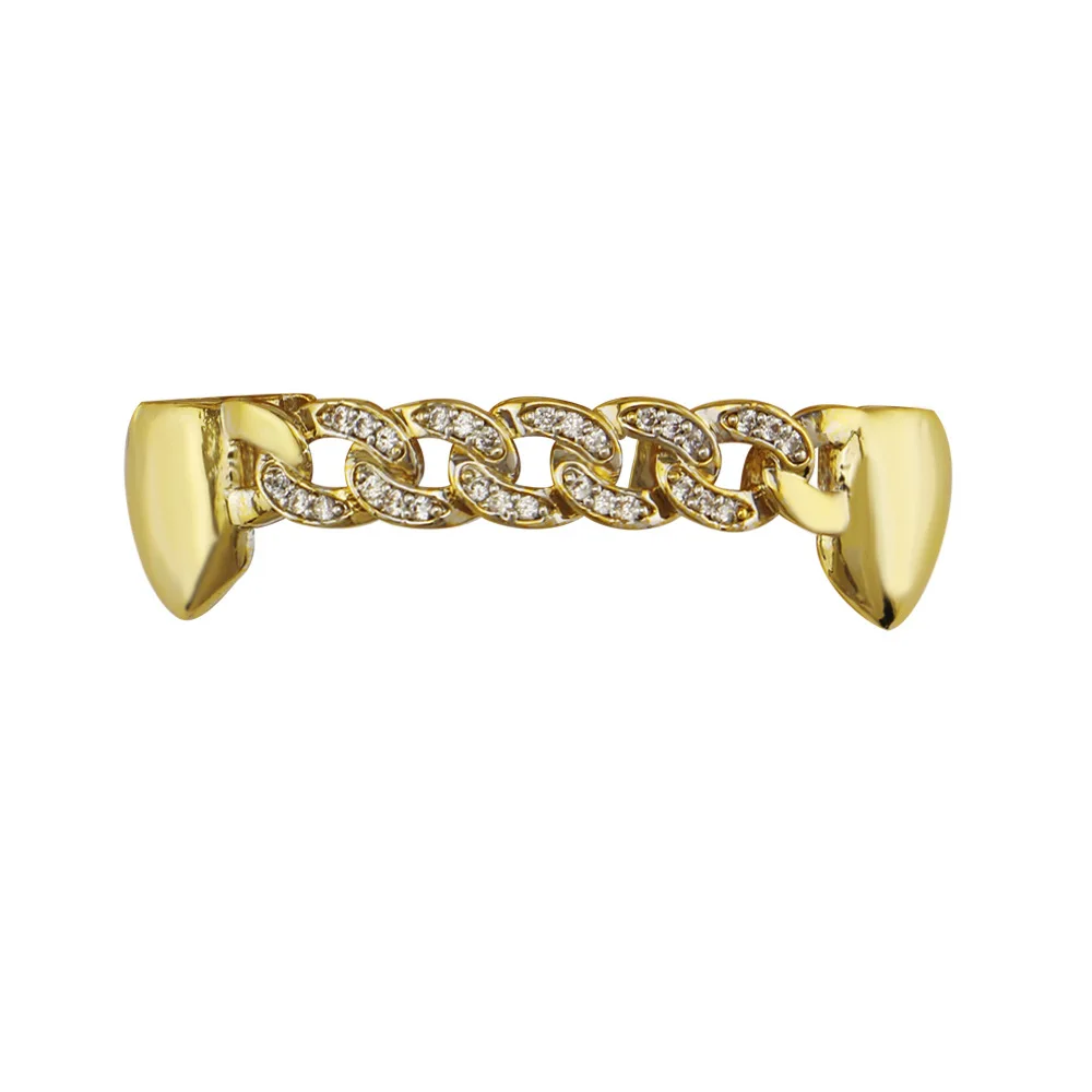 Iftec Pure Gold Color Plated Fang Teeth Grillz Micro Pave Cz Stones Exclusive Luxury Top &amp Bottom Hip Hop Chain Grills | Украшения и