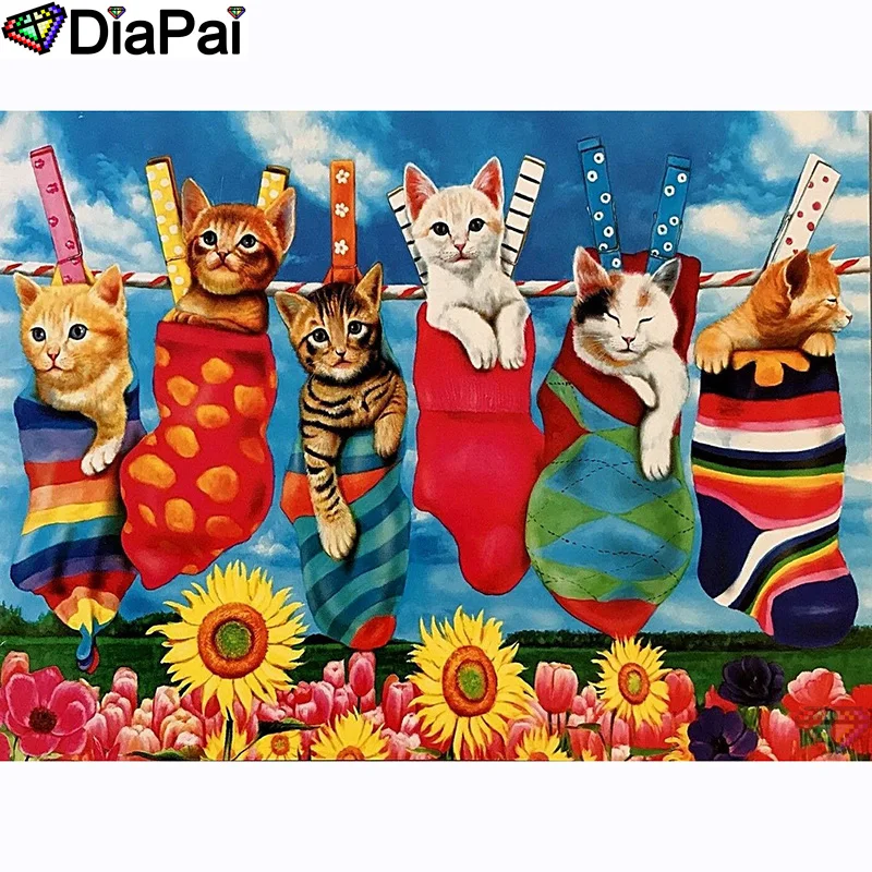 DIAPAI 100% квадратная/круглая дрель 5D DIY Алмазная картина &quotносок животное кошка&quot