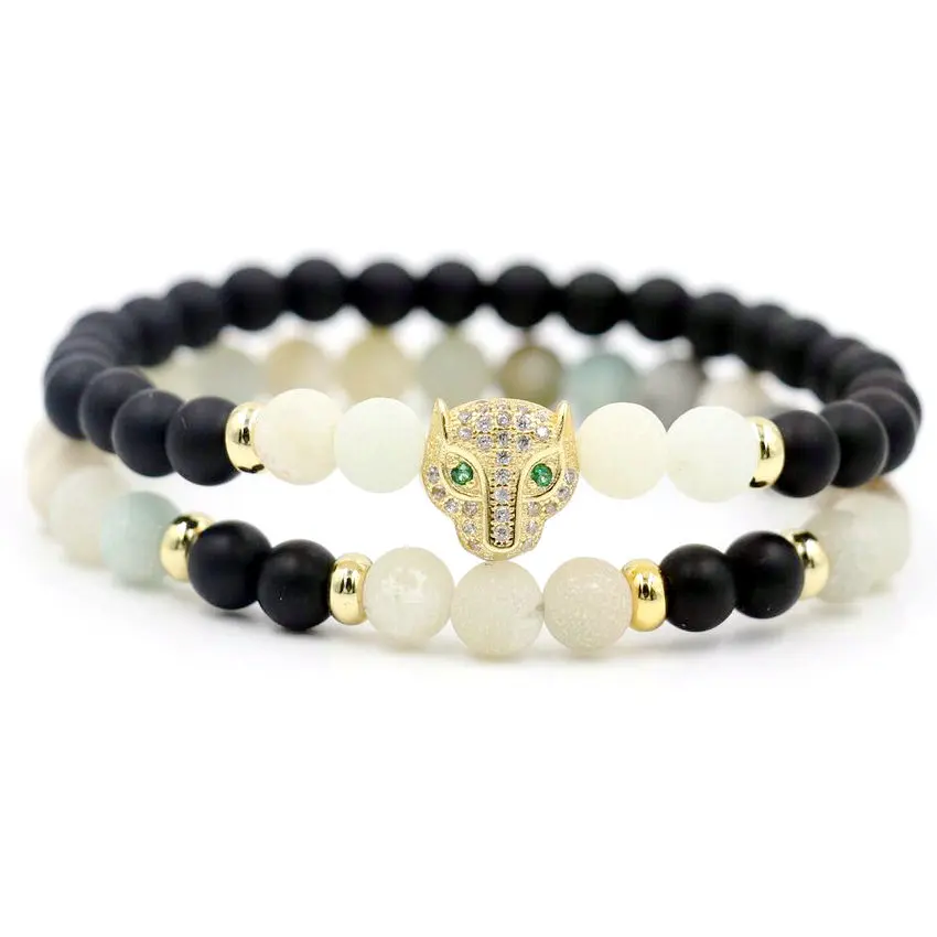 2pcs/set 6MM Amazonite Beaded Bracelet Men Women Love Micro Zircon Leopard Animal Reiki Bracelets For Couples Lucky Jewelry | Украшения и
