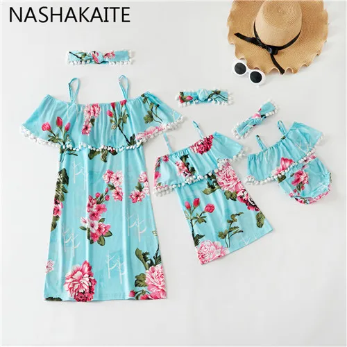Mint Green NASHAKAITE/платье для мамы и дочки с повязкой на голову; Детский комбинезон с кисточками; новая одежда для мамы и дочки - Цвет: Mint Green