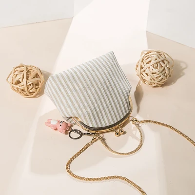 Vintage Ladies Shoulder Bags Bear Pendant Chain Crossbody Metal Handle Large Capacity Handbag For Women Striped Girls Bag | Багаж и сумки