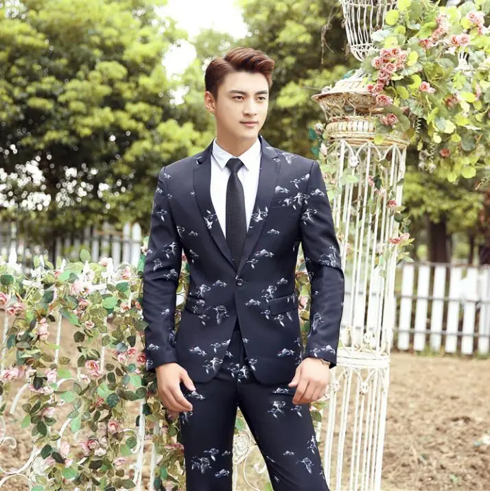 

Singer star style dance stage slim clothing for men printing suit set with pants mens wedding suits costume fashion formal dress