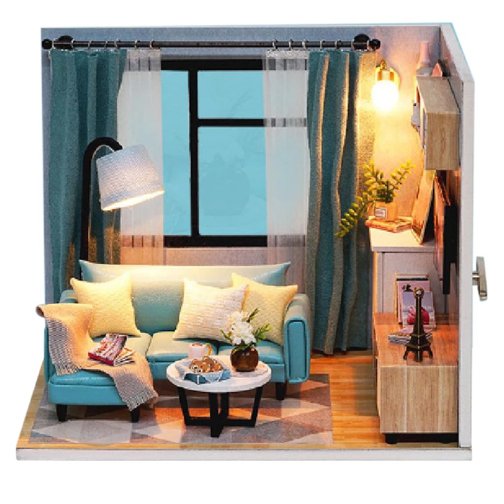 

DIY Miniature Dollhouse Kit Cozy The Corner of Living Room with Furniture and Light for Romantic Artwork - Happy Life Reunion