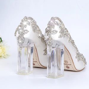 Свадебные туфли невесты на прозрачном каблуке, туфли-лодочки с кристаллами, для рождества, вечевечерние, Роскошные атласные шелковые туфли с квадратным каблуком 10 см, размера плюс, 10