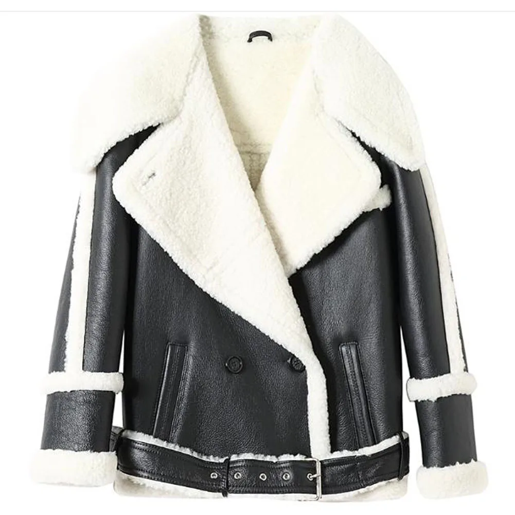 Women's B3 Large lapel Shearling Jacket Women's Short Motorcycle Jacket Women's Winter Leather Warm Jacket