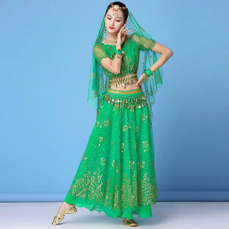 Green short sleeves Женская танцевальная одежда сари производительность индийская одежда Болливуд набор костюма для танца живота(топ+ пояс+ юбка+ вуаль+ головной убор - Цвет: Green short sleeves