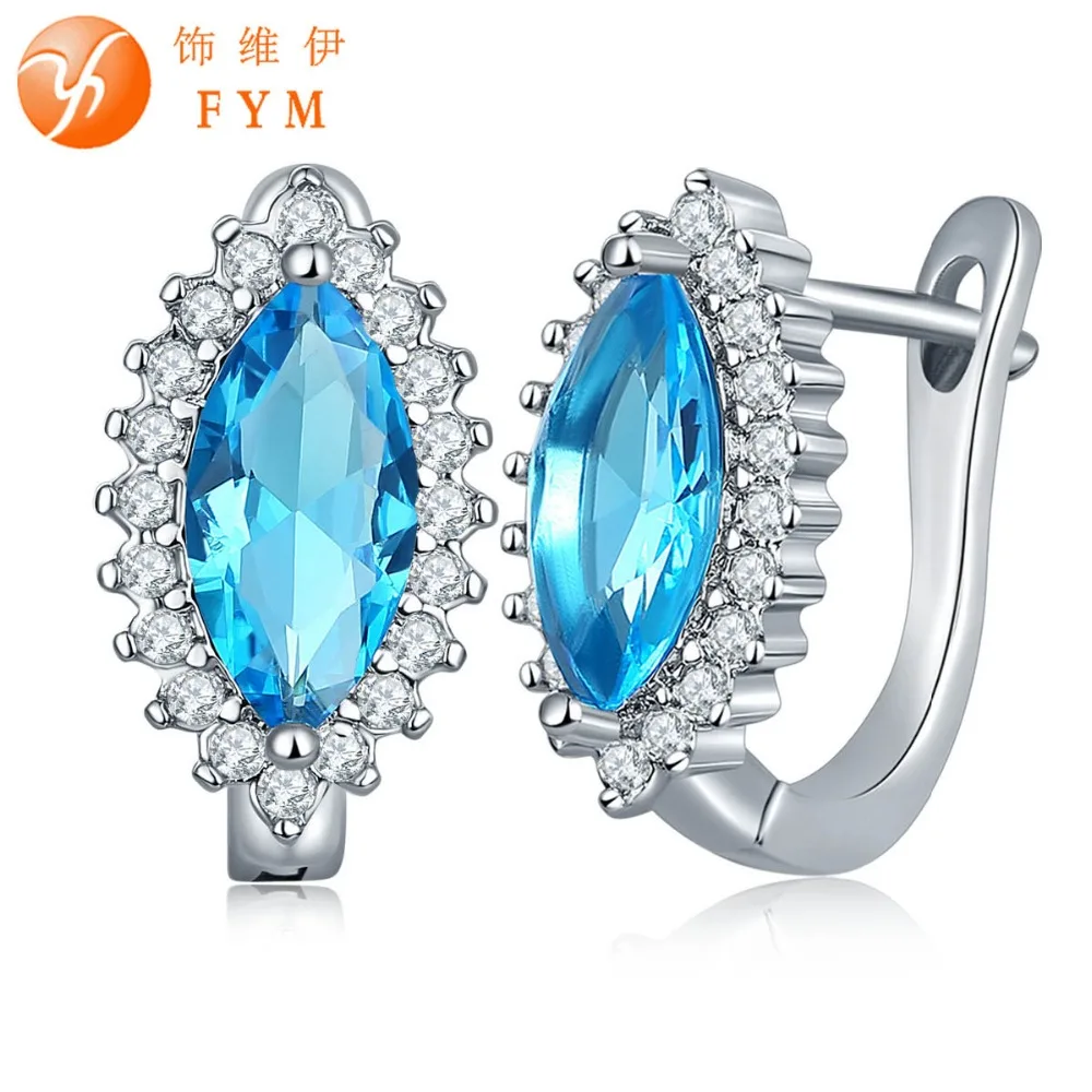 

FYM Brand 7 Colors Oval Sea blue Zirconia Hoop Earrings For Women Fashion Silver Color Imitation Earrings Jewelry Gift