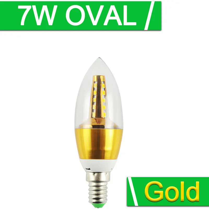 Golden 7W Oval E14 Светодиодный светильник, 7 Вт, 9 Вт, 12 Вт, светодиодный светильник в форме свечи, E14, 220 В, 240 в, золотой, серебряный, холодный белый, теплый белый, Lumiere Lampara - Испускаемый цвет: Golden 7W Oval