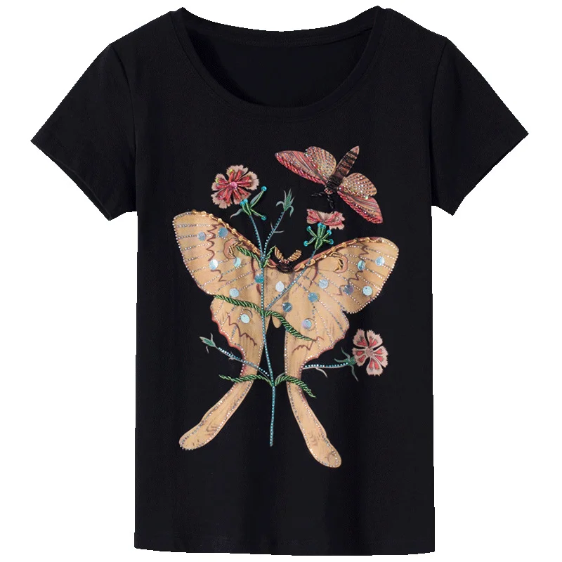 Женская футболка с принтом Бриллиант летняя ручной работы расшитая стразами