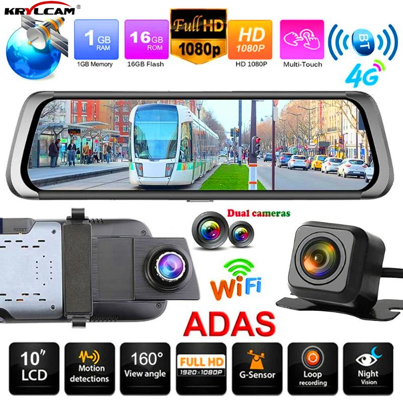 Krylcam E08 Автомобильный видеорегистратор 10IN 1080P Full HD сенсорный экран Bluetooth WiFi 4G Android