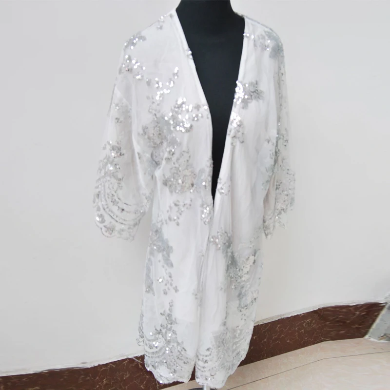 SESOAF 2018 Women New Chic Fashion Silver Sequined Cardigan Emboodery Kimono Casual beach Blouse Long Drop Shipping |