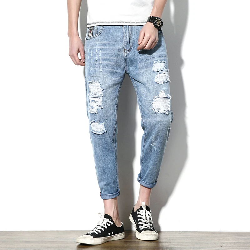 Джинсы мужские свободные с дырками Модные узкие джинсы до щиколотки из хлопка
