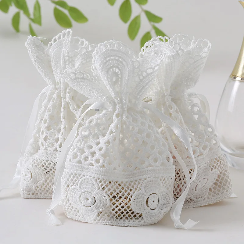 

10x14cm Elegant White Lace Bag Jewelly Storage Bag Milk Silk Pouch Wedding Candy Bag