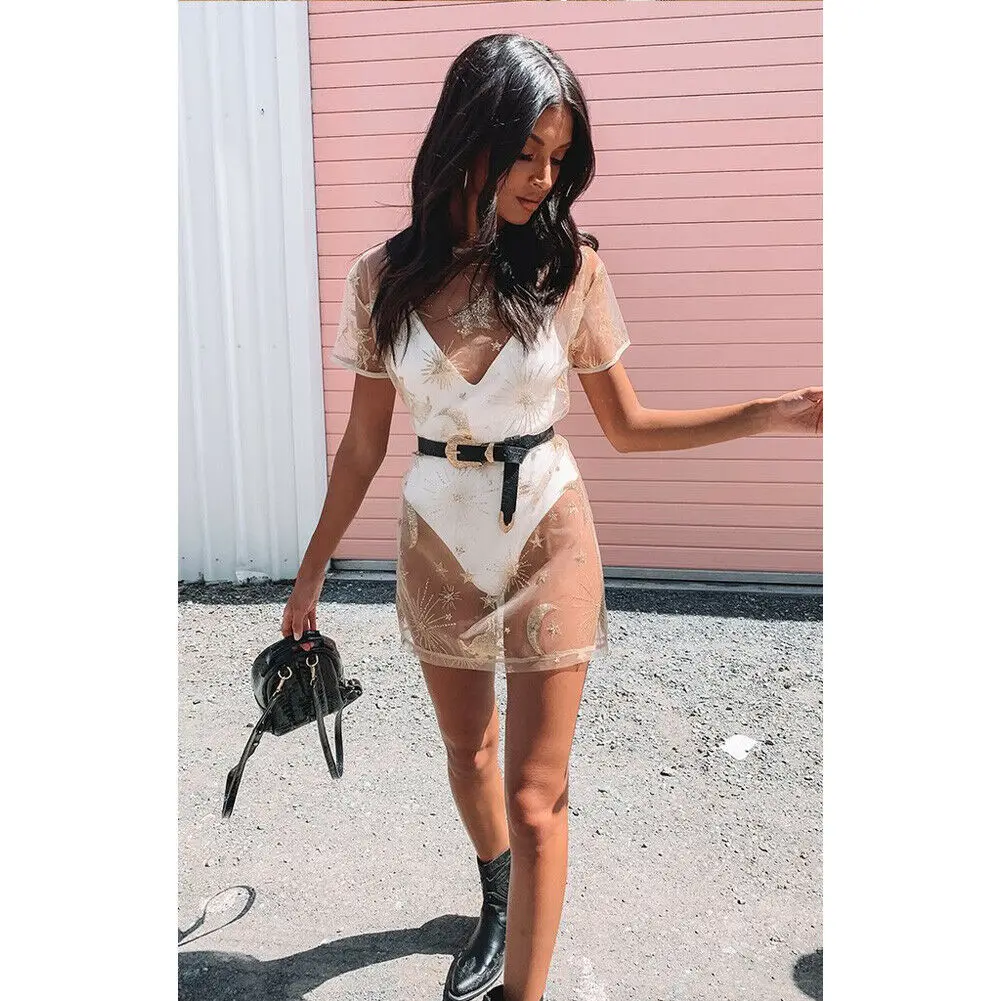 Платье женское пляжное с принтом Луны свободное прозрачное Сетчатое мини-платье