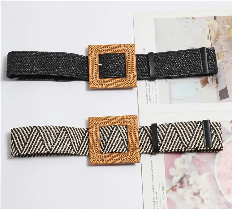 Женский вязаный ремень с квадратной пряжкой женский в полоску BL19 | Аксессуары для