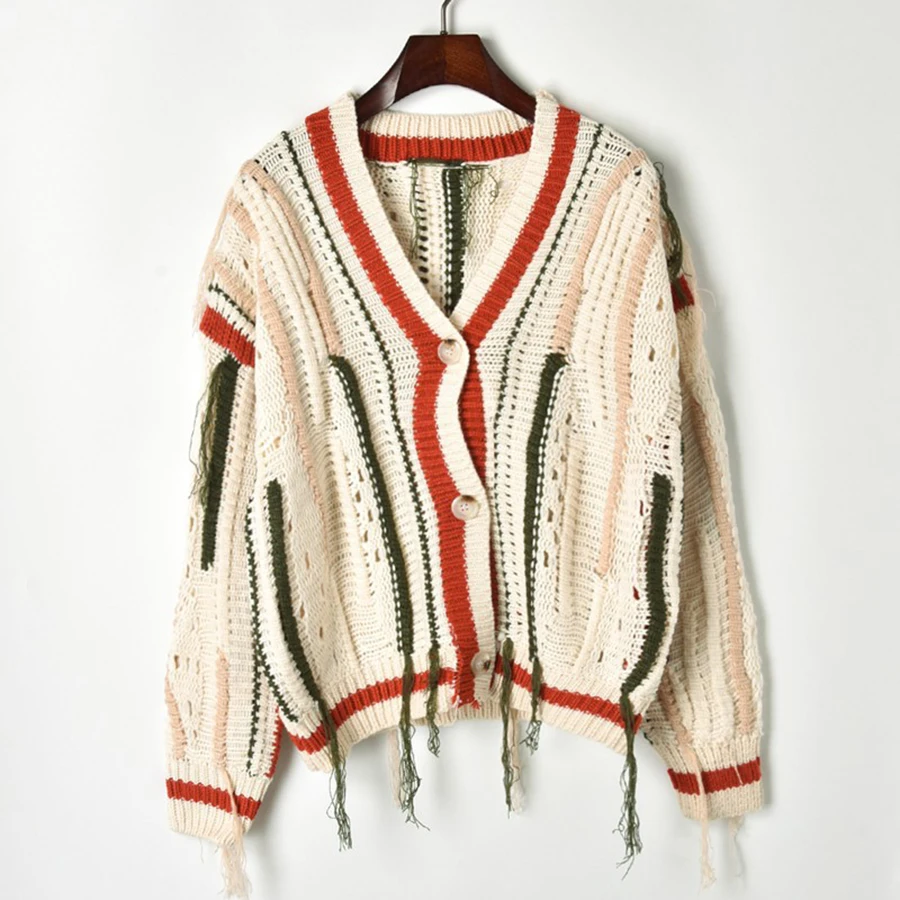 2018 Lazy Style Striped Fall Sweaters Women Hit Color Hollow Out Tassel V-neck Single Breasted Winter Cardigans Knit Sweater |