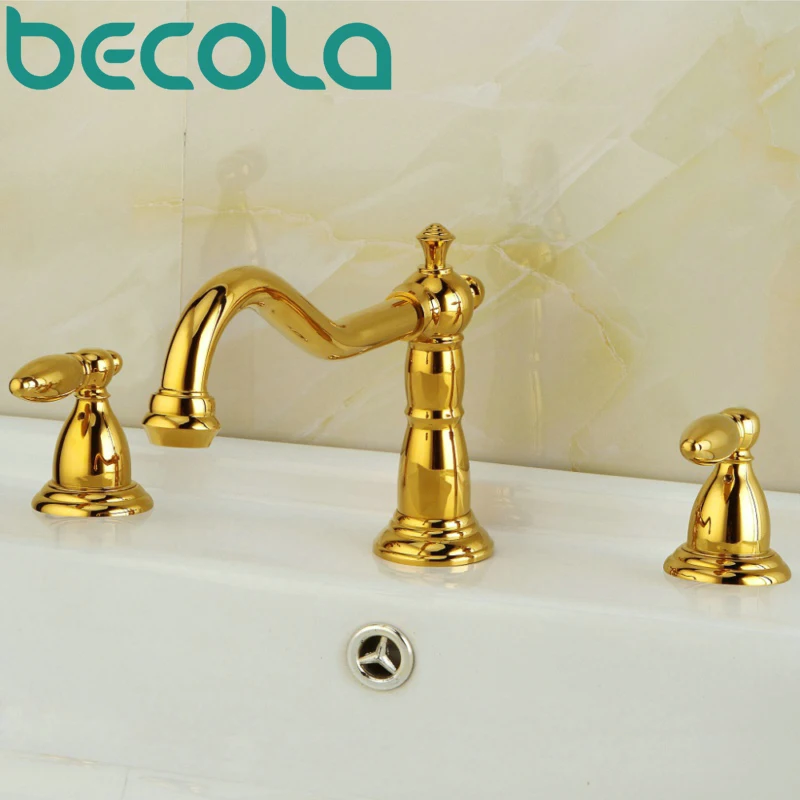 

Free shipping 3pice gold basin faucet deck mounted three piece bathtub faucet bathroom hot and cold tap GZ-8123K