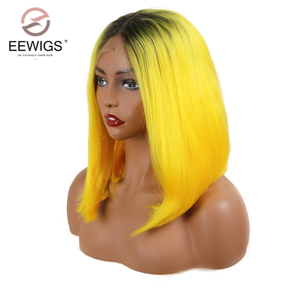 EEWIGS Омбре желтый короткий парик-Боб с черными корнями термостойкие лимонные цвета бесклеевые синтетические парики на кружеве для черных женщин