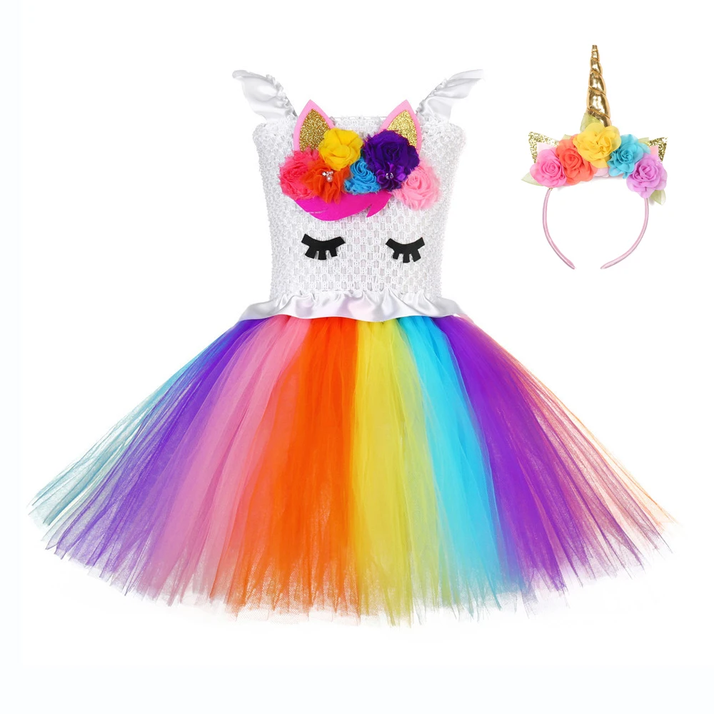 Bright Rainbow Pony Unicorn Birthday Dress for Teens White Ruffles Wedding Girls 12 Age Pattern Tutu | Детская одежда и обувь