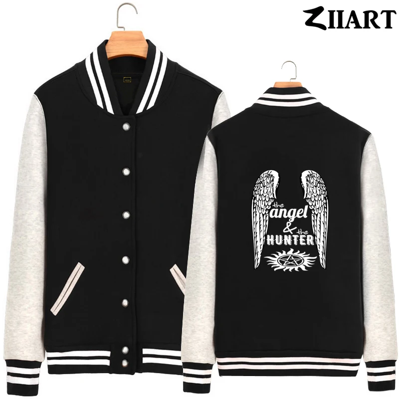 

Anti-Possession supernatural wing Castiel the angel hunter balck Man Boys Full Zip Autumn Winter Fleece Baseball jackets ZIIART