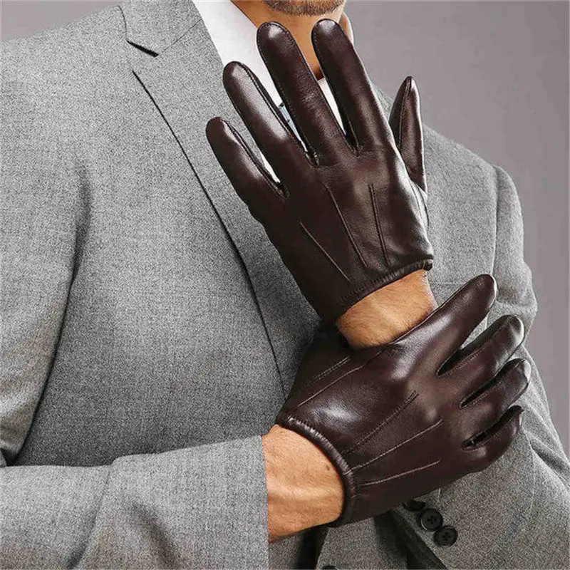 Dark brown Модные мужские перчатки из натуральной кожи, мужские перчатки из овечьей кожи, тонкие Зимние перчатки для вождения M017PQ2 - Цвет: Dark brown