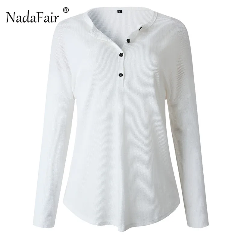 Nadafair, женская футболка с длинным рукавом, женские топы, весна-осень, на пуговицах, тонкая, ребристая, трикотажная футболка, Femme размера плюс, футболка - Цвет: Белый