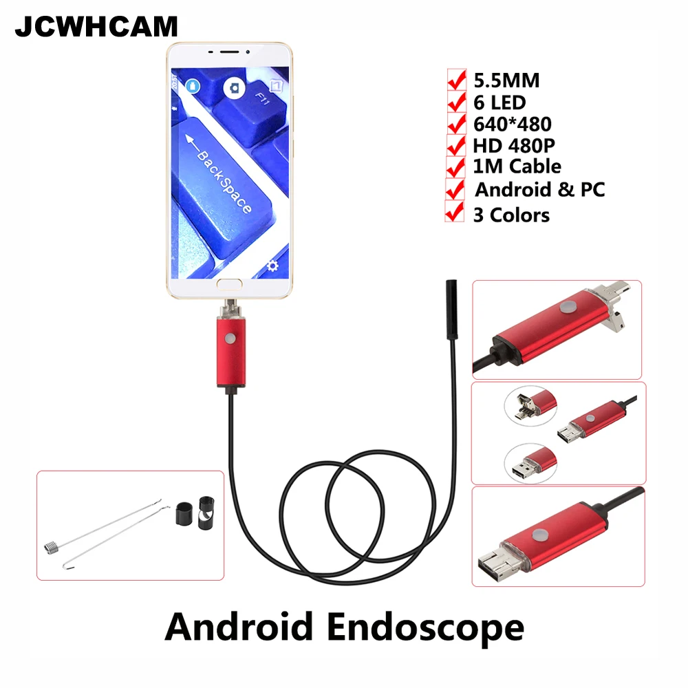 

JCWHCAM 5.5MM Endoscope 1M Cable USB Endoscope Android Camera Snake Tube Pipe Inspection USB Endoskop Waterproof Borescope Cam