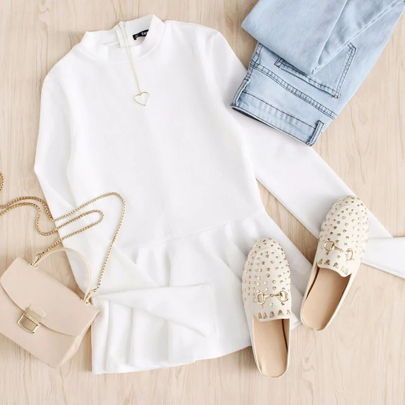 Dotfashion/женская футболка в рубчик с оборкой и баской; коллекция года; сезон осень; белый топ с вырезом лодочкой и длинными рукавами на молнии; Повседневная футболка