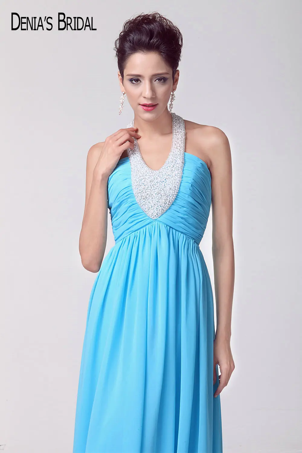 2017 Реальные изображения синие вечерние платья без рукавов с лямкой на шее