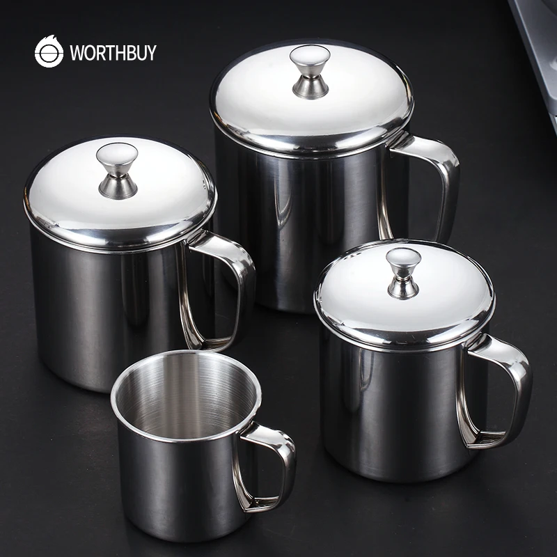 WORTHBUY 304 кофейная кружка из нержавеющей стали с ручкой с крышкой, кухонная посуда для напитков, кружка для молока, чая, кофейная чашка для офиса, чашка для чая и воды