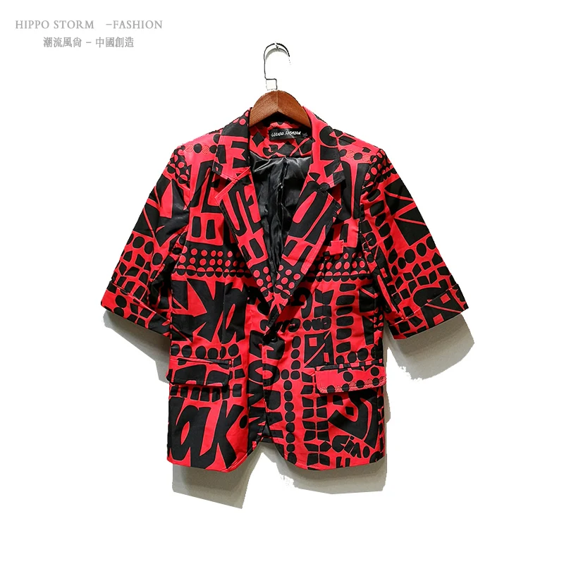 

M-6XL!!!Red bottom black letter in the sleeve suit suit nightclub hipster Korean casual suit hairdresser suit.