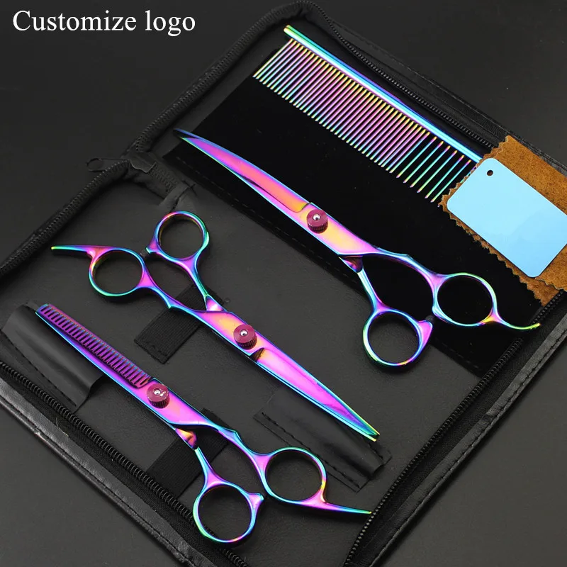 

Customize 4cr steel 4 kit 7 inch Pet dog grooming shears hair scissors thinning pet cutting curved barber hairdressing scissors