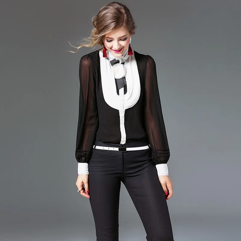 2017 новинка Женская шелковая атласная блузка рубашка Повседневная с длинным