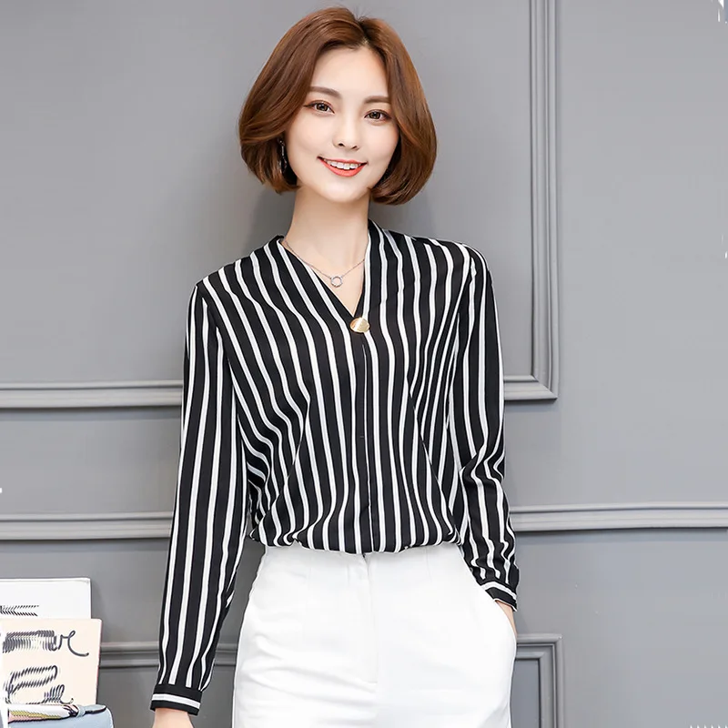 

NANABUB Spring New Hot Striped V Neck Long Sleeve Shirts Plus Size S-3XL Shirt Chiffon Blouse Shirt Women's Casual Loose Blouses