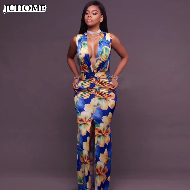 Макси платье без рукавов с разрезом и цветочным принтом размера плюс туника