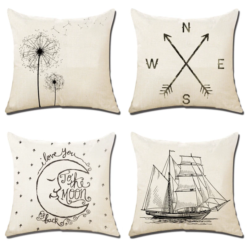 

2019 NEW Cushion Cover Minimalistic Style Boat Moon Dandelion Compass Cotton Linen Home Decorative Pillow Cover For Sofa Car