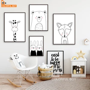 Черно-белый кролик, медведь, жираф, лиса, Детская настенная живопись, холст, скандинавские постеры и принты, настенные фотографии для детской комнаты, Декор