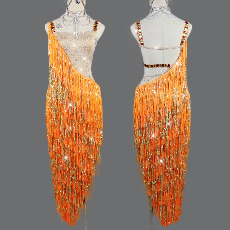 

Женское платье для латиноамериканских танцев, оранжевое блестящее платье с бахромой и открытой спиной, танго, сальсы, ча-ча, DNV11774