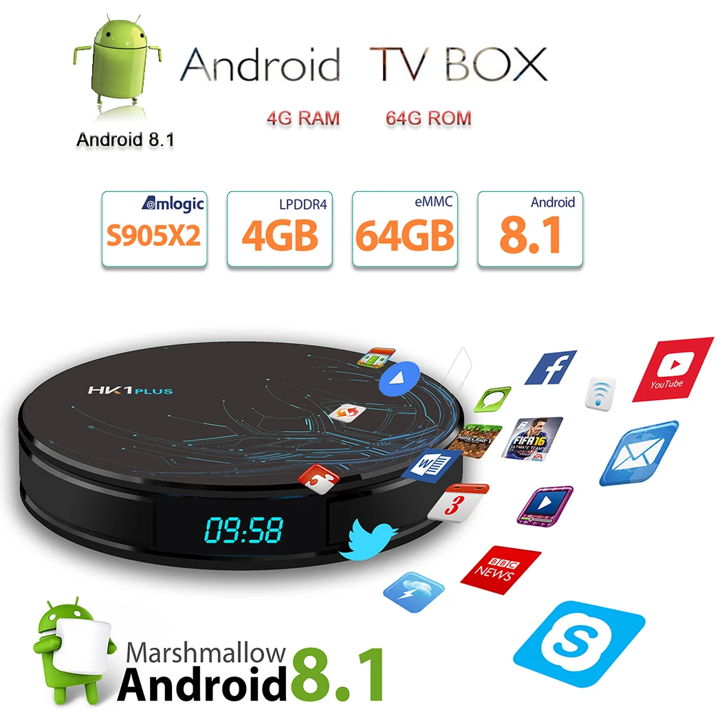 HK1 плюс смарт бокс Android 8 1 4K Amlogic S905X2 ТВ 4G 64G 2 4G/5 8G WiFi Bluetooth 4 0 приставка Google