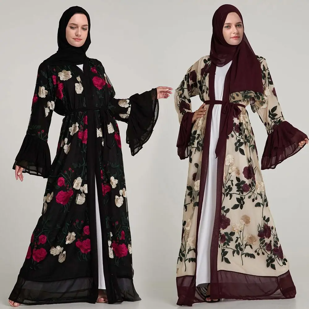 Роскошные мусульманские платья с цветочной вышивкой Abaya кардиган расклешенными