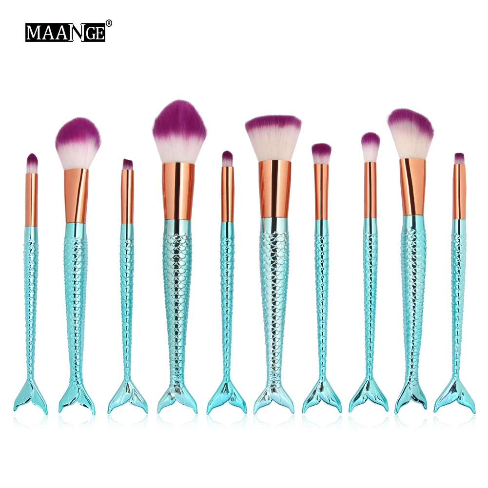 MAANGE 10PCS Mermaid Makeup Brushes Kit Eyebrow Eyeliner Blush Eye Shadow Contour Foundation Brush Set Cosmetic Make Up Tools | Красота и