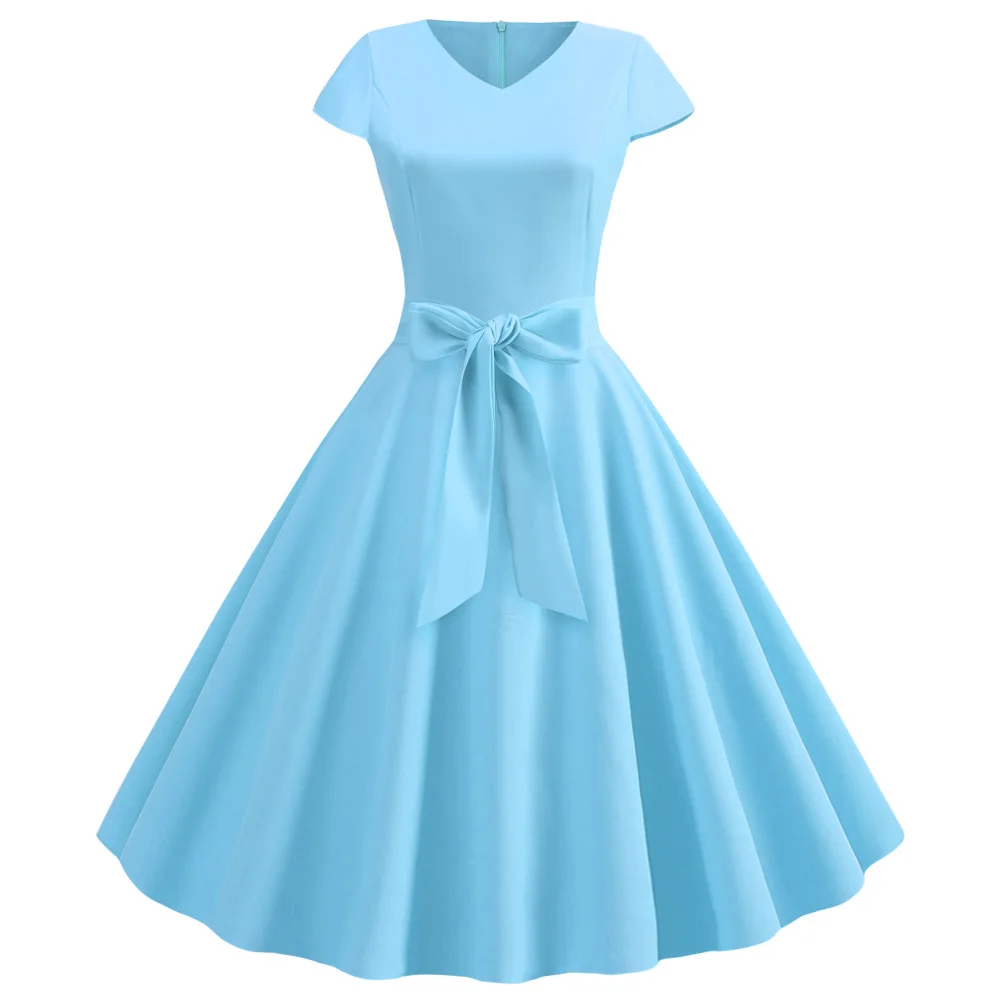 Kenancy 10 Colors Solid Summer Women Retro Dress V Neck Short Sleeves High Waist Vintage 60s Rockabilly Party Vestidos | Женская одежда
